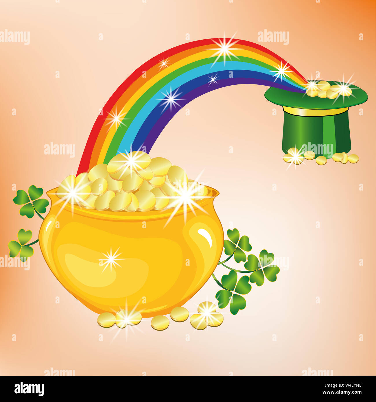 Ein goldener Topf voller Geld. Der Magische Regenbogen. Bankerhut mit Münzen. Ein Kleeblatt. Viele Münzen. Abbildung Stockfoto