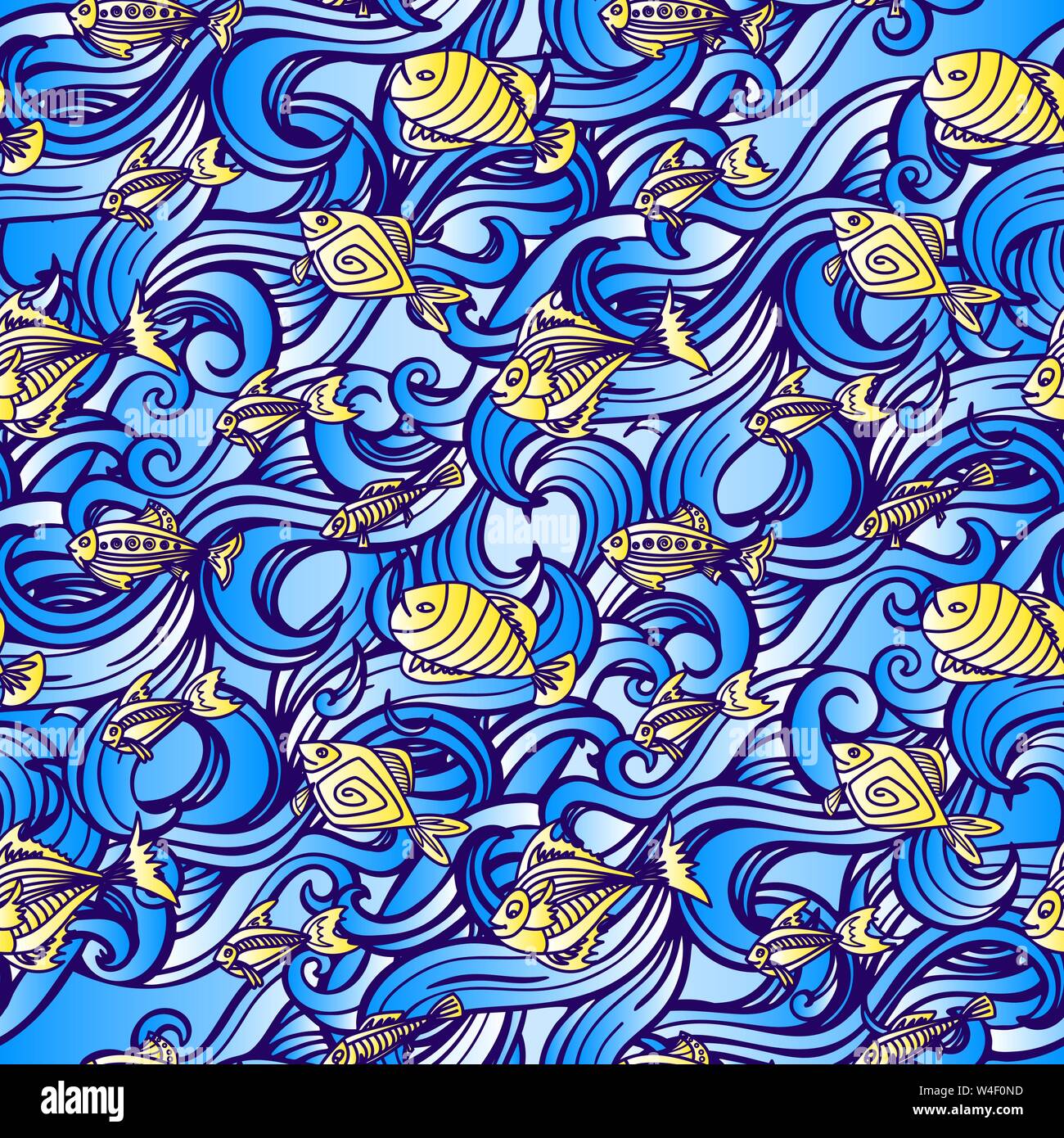 Nahtlose Muster mit Wellen und tropischen Fischen. Marine Hintergrund. Hand gezeichnet doodle Stil. Vector Illustration Stock Vektor