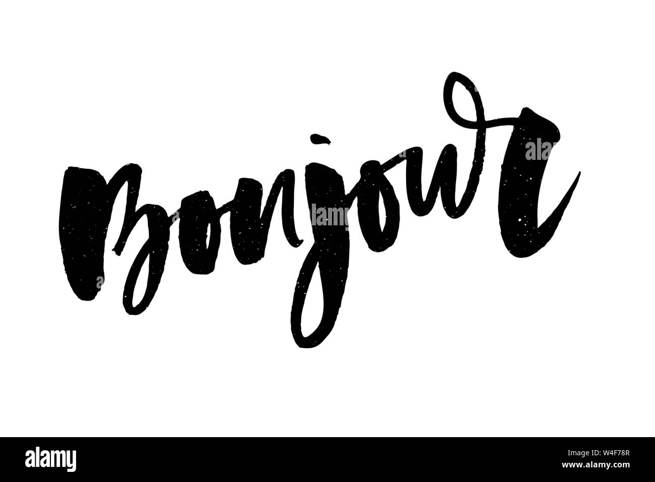 Vektor poster Kalligraphie mit Bonjour Übersetzung: Hallo Phrase abstrakten Dekor. Handdrawn Bürstenelemente in sanften Palette. Isolierte Typografie Karte. Stock Vektor