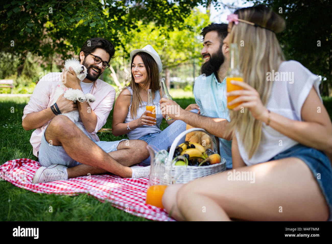 Happy Gruppe von Freunden entspannen und Spaß am Picknick in der Natur Stockfoto