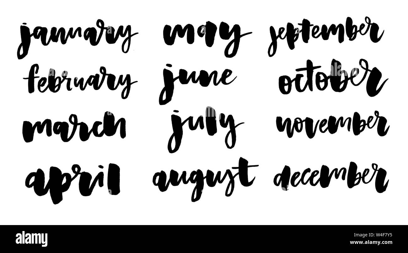 Handschriftlich die Namen der Monate: Dezember, Januar, Februar, März, April Mai Juni Juli August September Oktober November Stock Vektor