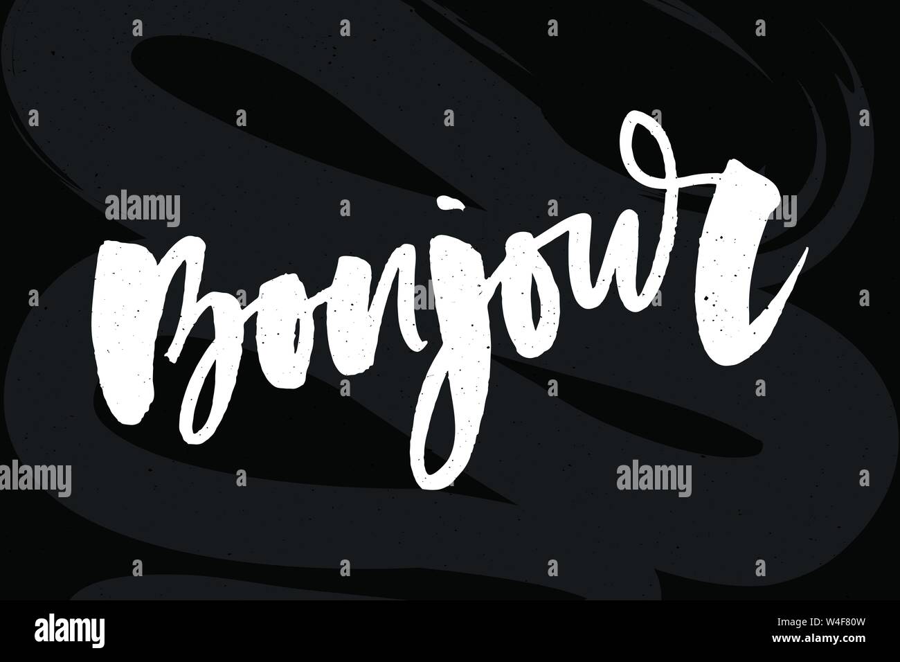 Vektor poster Kalligraphie mit Bonjour Übersetzung: Hallo Phrase abstrakten Dekor. Handdrawn Bürstenelemente in sanften Palette. Isolierte Typografie Karte. Stock Vektor