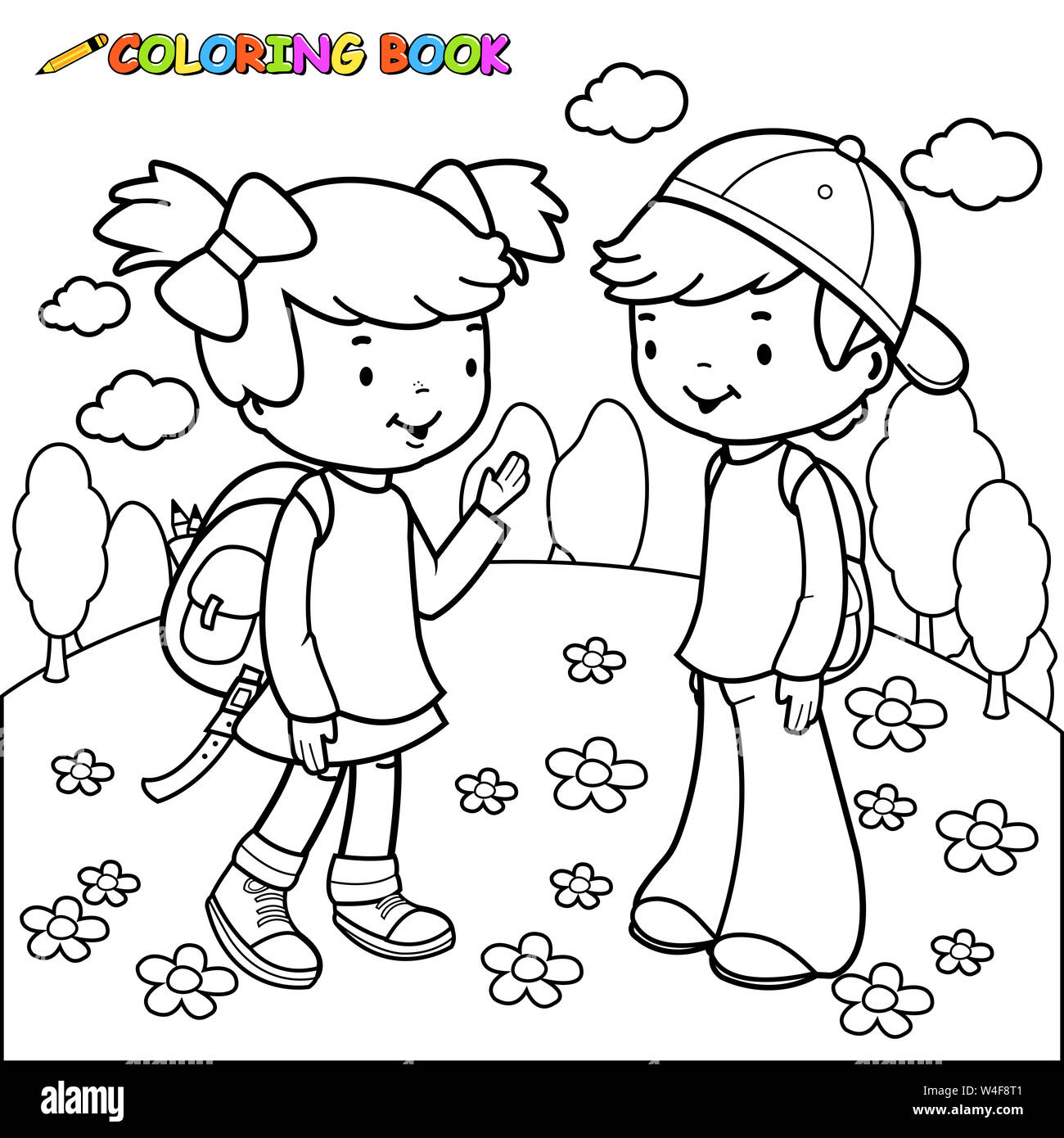 Schwarz und weiß Abbildung: ein Mädchen und ein Junge Studenten. Malbuch Seite. Stockfoto
