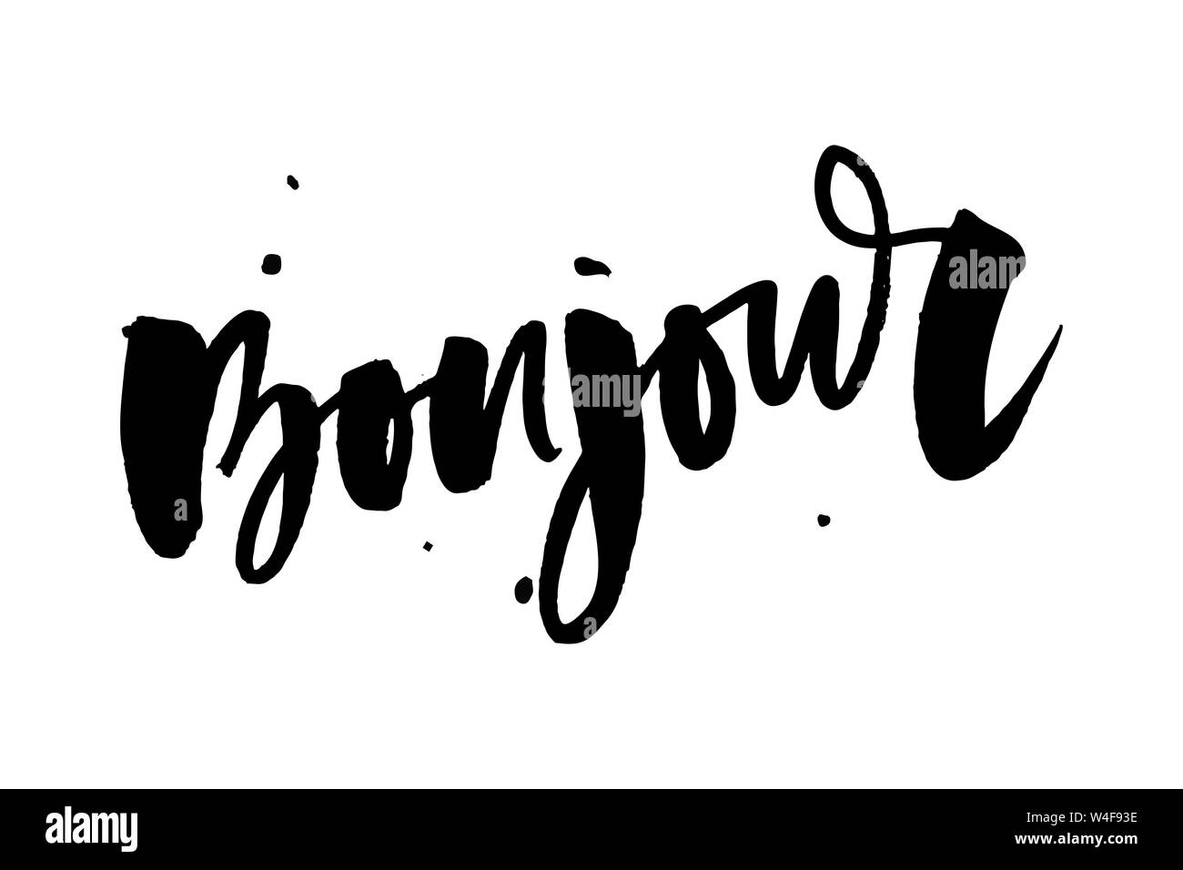 Vektor poster Kalligraphie mit Bonjour Übersetzung: Hallo Phrase abstrakten Dekor. Handdrawn Bürstenelemente in sanften Palette. Isolierte Typografie Karte. Stock Vektor