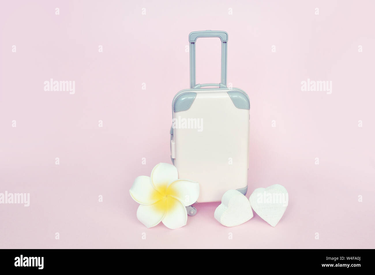 Stilvolle Koffer und weiße Blume auf rosa Hintergrund, Ansicht von oben mit Platz für Text. Konzept für Reisen Stockfoto Stilvolle Koffer und weiße Blume auf rosa Hintergrund, Ansicht von oben mit Platz für Text. Konzept für Reisen Stockfoto