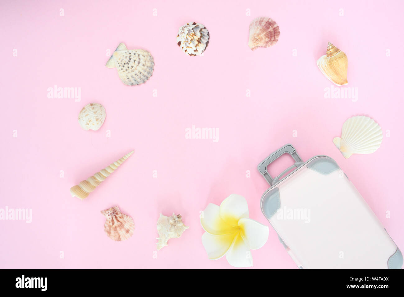 Rahmen des stilvollen Sommer Koffer und weiße Blume, Shell auf rosa Hintergrund, Ansicht von oben mit Platz für Text. Konzept für Meer reisen Stockfoto Rahmen des stilvollen Sommer Koffer und weiße Blume, Shell auf rosa Hintergrund, Ansicht von oben mit Platz für Text. Konzept für Meer reisen Stockfoto