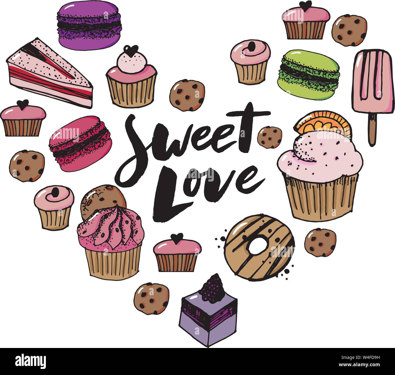 Vektor Susswaren Und Sussigkeiten Symbole Dessert Lutscher Eis Mit Sussigkeiten Macaron Und Pudding Donut Und Zuckerwatte Muffins Waffeln Stock Vektorgrafik Alamy