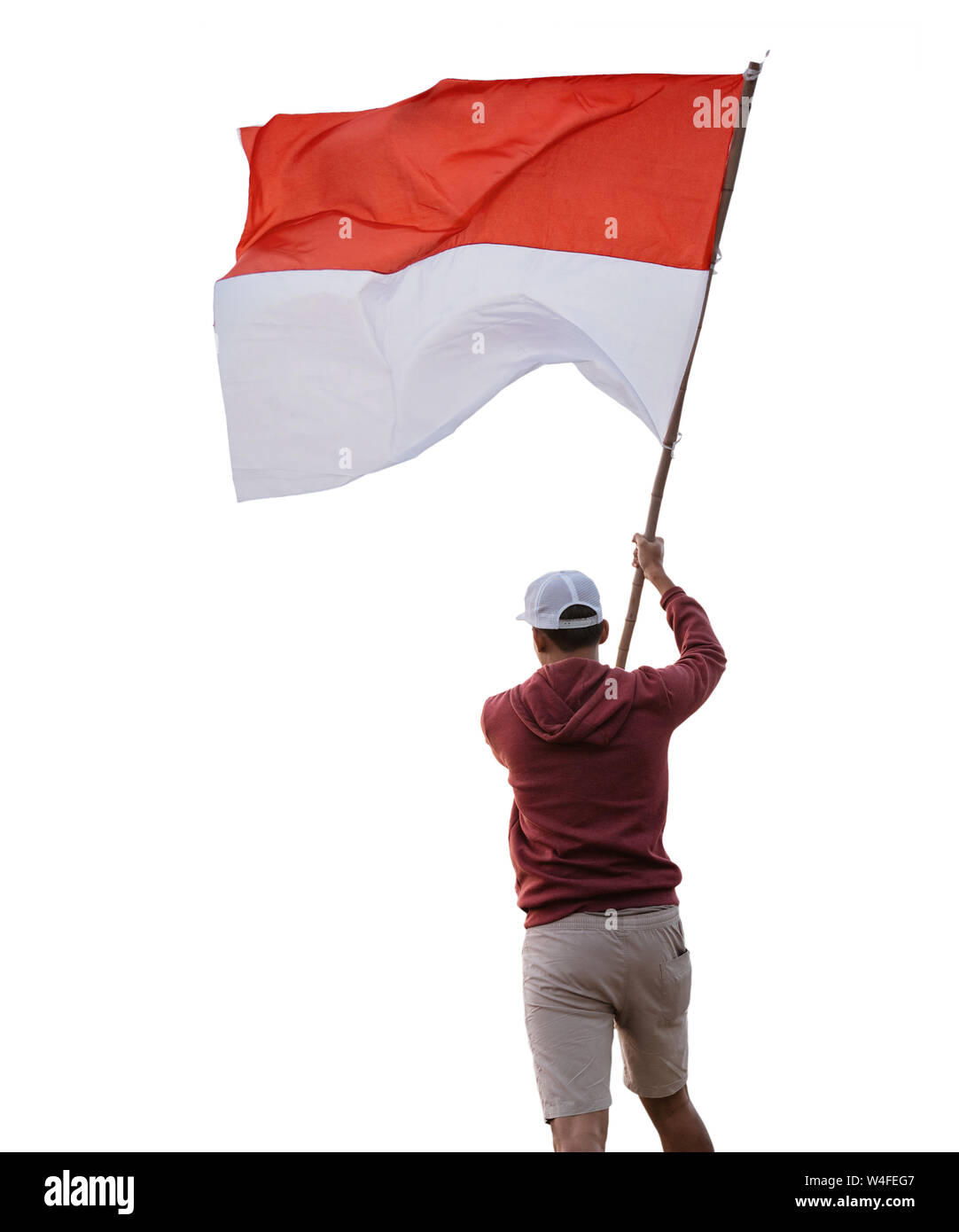 Mann mit indonesischen Flagge über Weiß isoliert Stockfoto