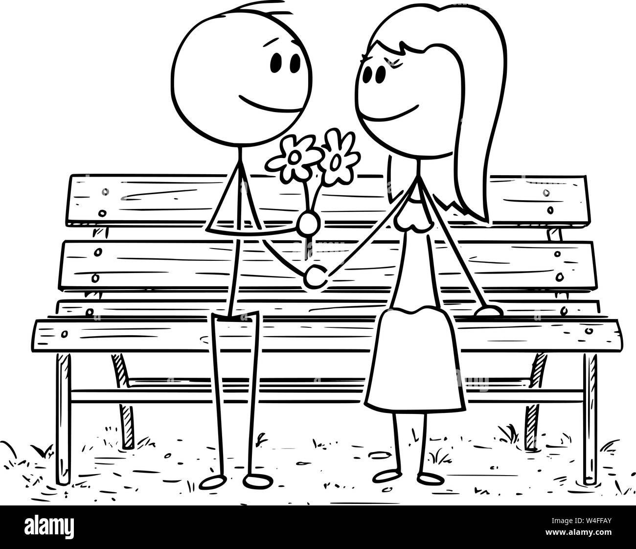 Cartoon stick Zeichnung konzeptuelle Abbildung: Romantisches Paar sitzen auf einer Parkbank oder Sitz, der Mensch ist mit Blumen zu Frau. Stock Vektor