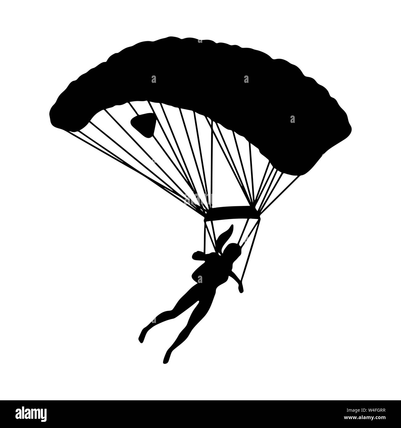Schwarze Silhouette eines Mädchens mit einem offenen Fallschirm. Stock Vektor