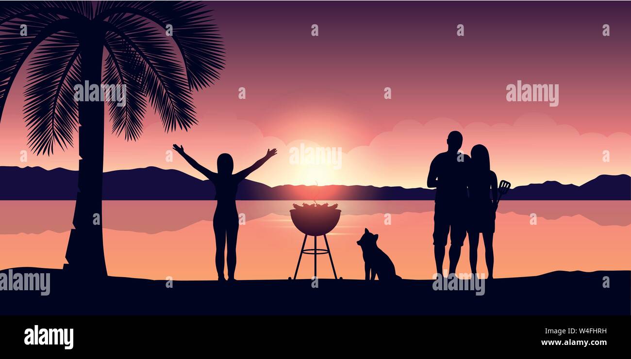 Bbq mit Freunden am Strand bei Sonnenuntergang Vektor-illustration EPS 10. Stock Vektor