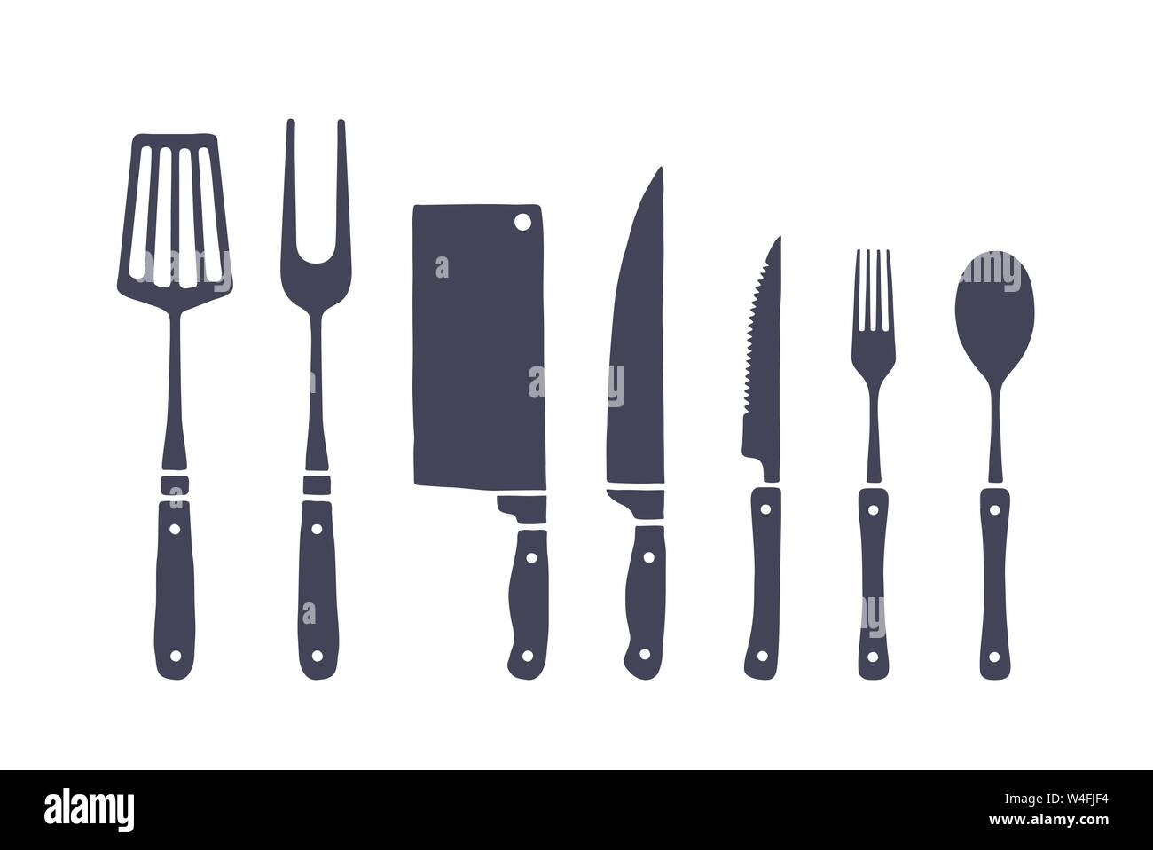 Vintage Küche eingestellt. Satz von Fleisch schneiden Messer, Gabel, Löffel Stock Vektor