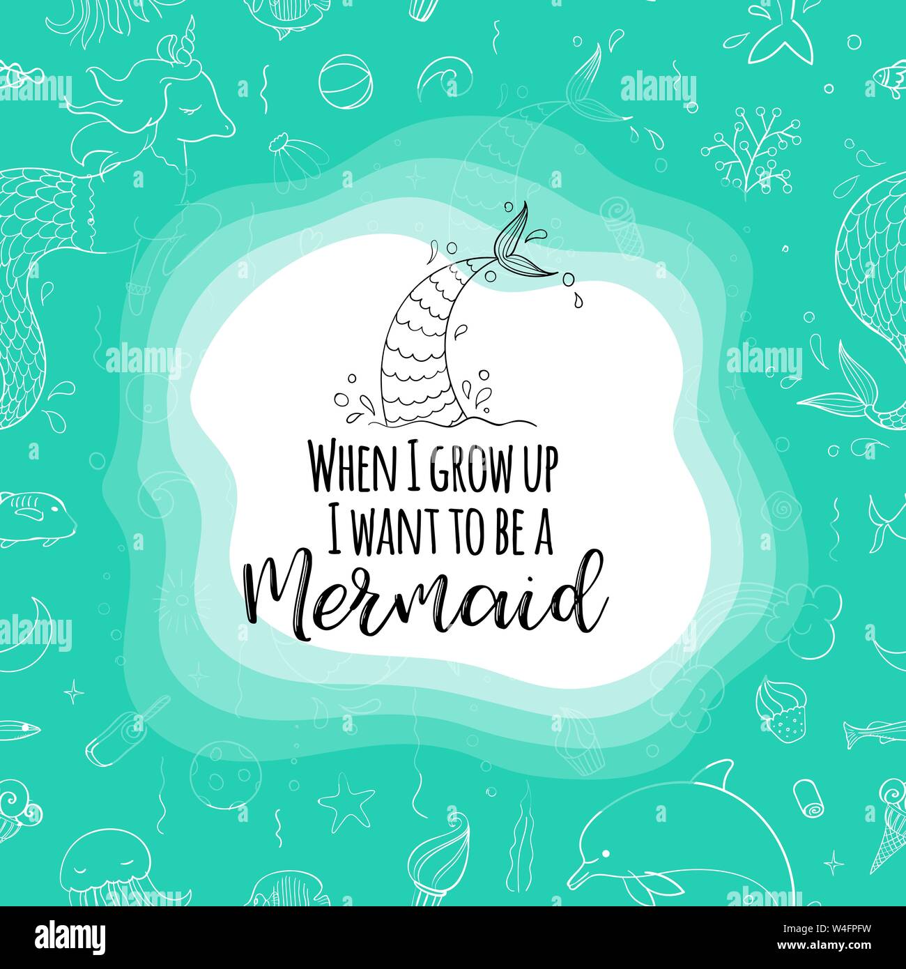 Typografie Design wenn Igrow bis Ich möchte eine Meerjungfrau zu sein. Nahtlose Muster mit Fantasy doodles von Mermaid Thema. Dekorativer Hintergrund für Kinder Mädchen te Stock Vektor
