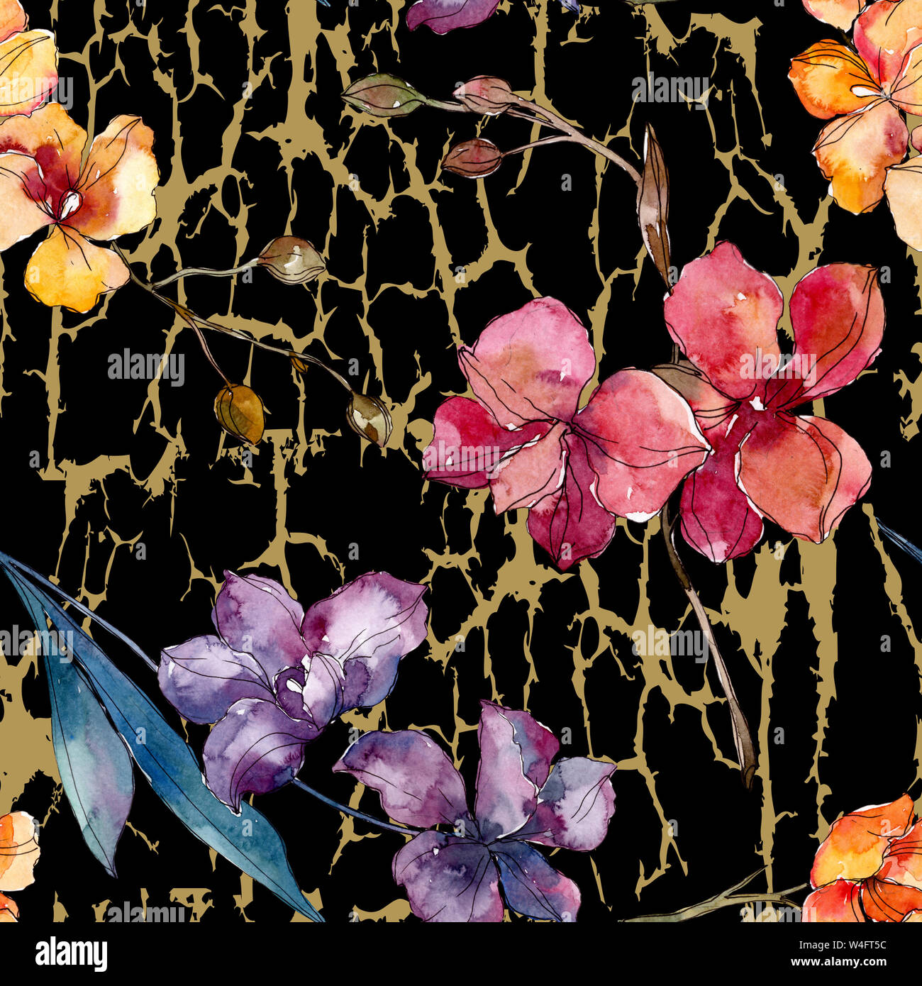 Orchidee Blumen botanischen Blumen. Wild Federblatt wildflower. Aquarell Abbildung. Aquarell Zeichnung mode Aquarelle. Nahtlose Hintergrund Stockfoto