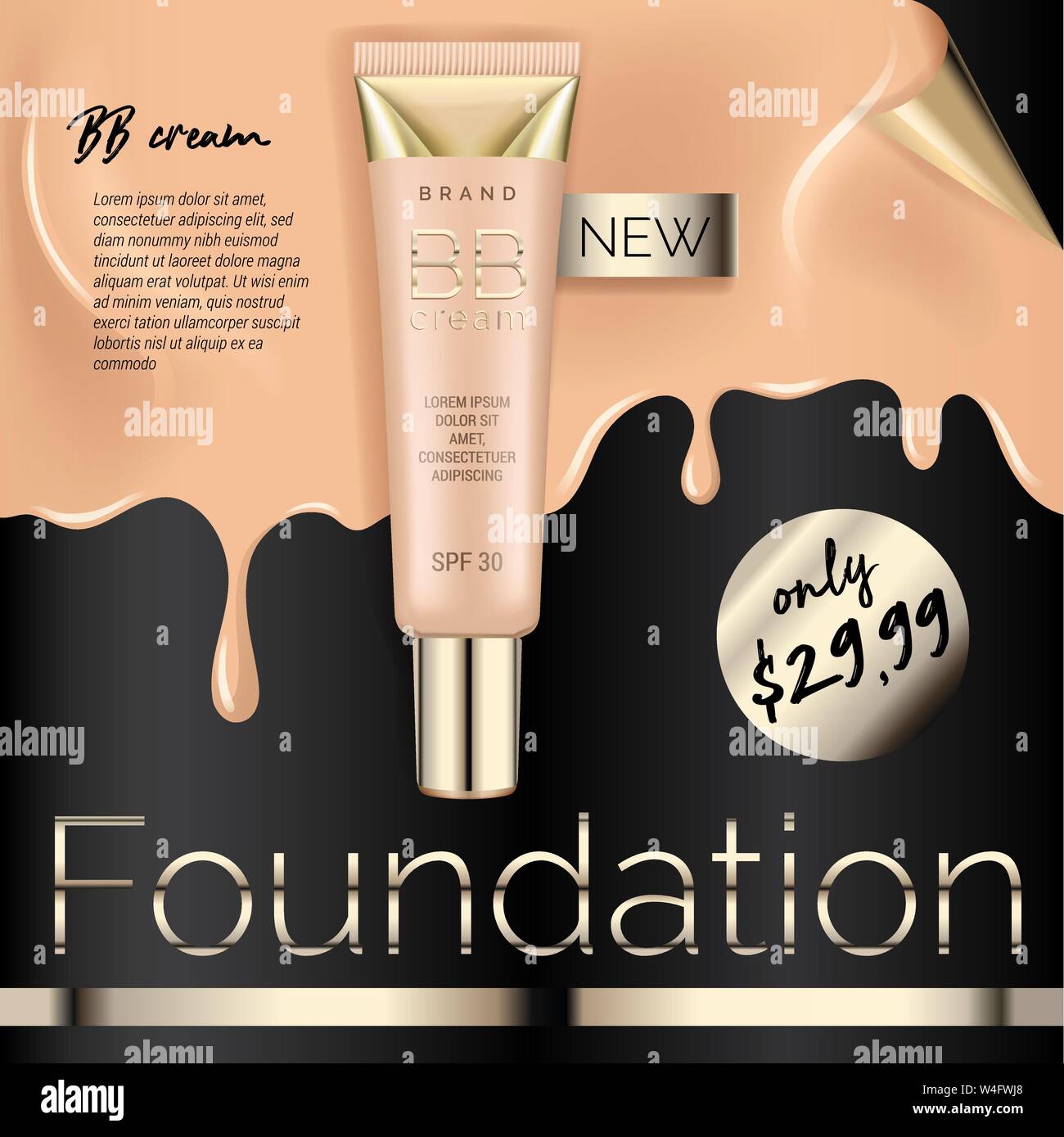 Foundation Make-up, Werbung Design Template für Katalog mit Concealer, BB creme Verpackung tube Mock up mit Liquid Foundation im Hintergrund Stock Vektor