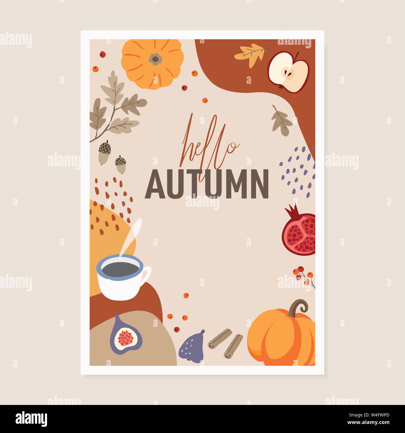 Cute herbst Grußkarte Einladung. Kürbisse, Zimt, buntes Herbstlaub, Apple, Feigen und Kaffee auf abstrakte strukturierten Hintergrund. Freihand Stock Vektor
