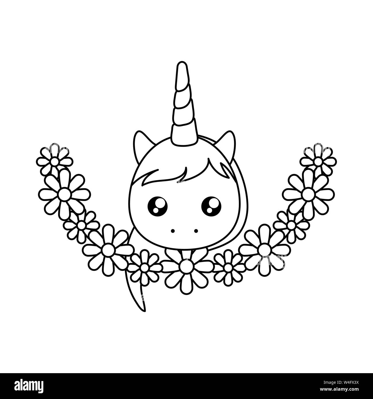 Leiter der niedlichen kleinen Einhorn Baby mit Krone blumen Vector Illustration Design Stock Vektor