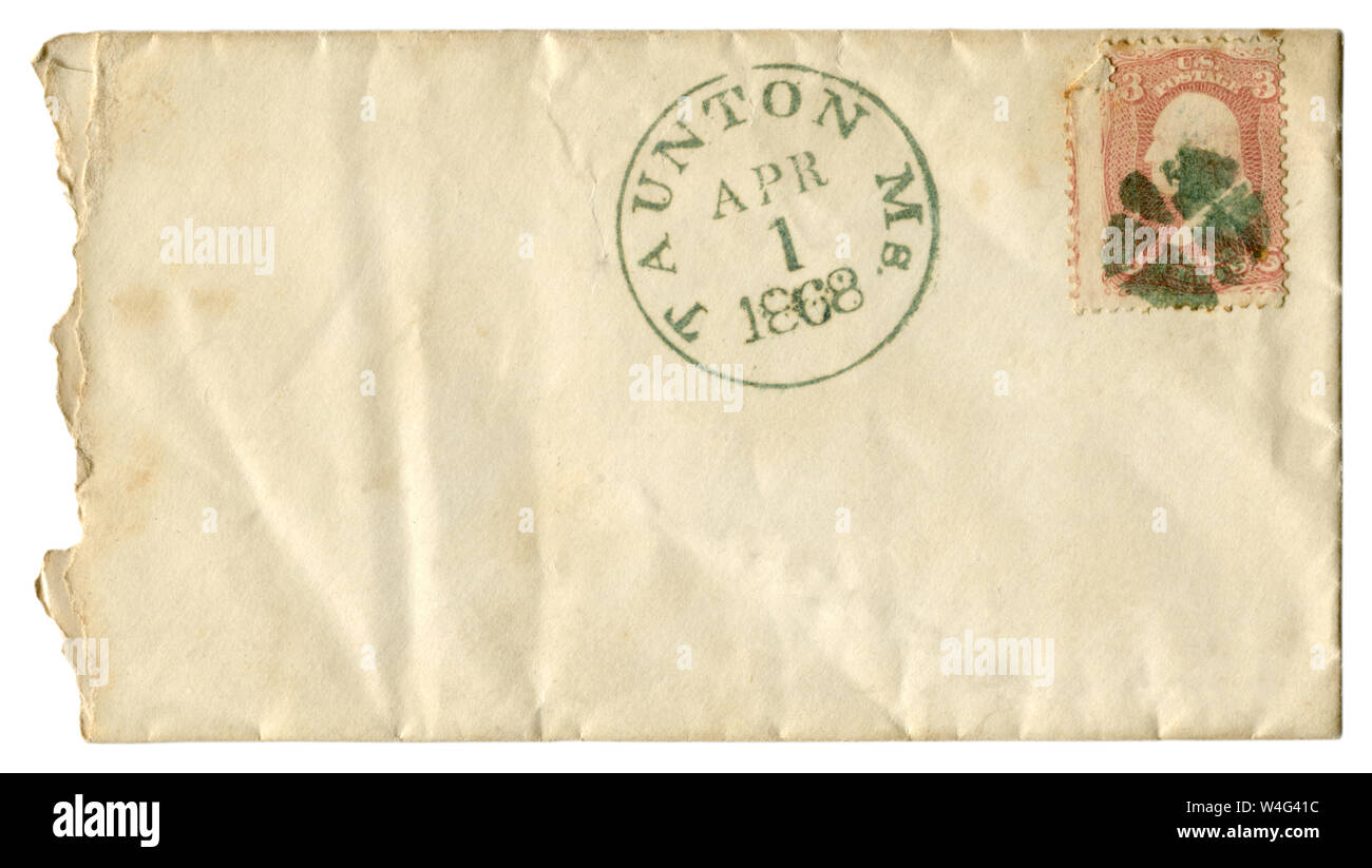 Taunton, Massachusetts, USA - 1. April 1868: US historische Umschlag: Abdeckung mit rot-braunen Briefmarke, drei Cent George Washington Stockfoto