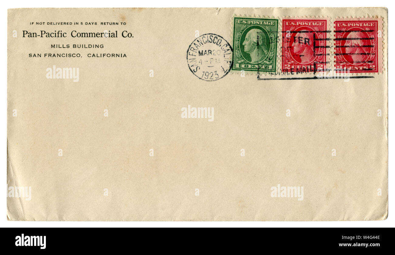 San Francisco, Kalifornien, USA - 20. März 1923: Uns historische Umschlag: Abdeckung Pan Pacific Commercial Co Mühlen Gebäude, rot-grüne Briefmarken Stockfoto