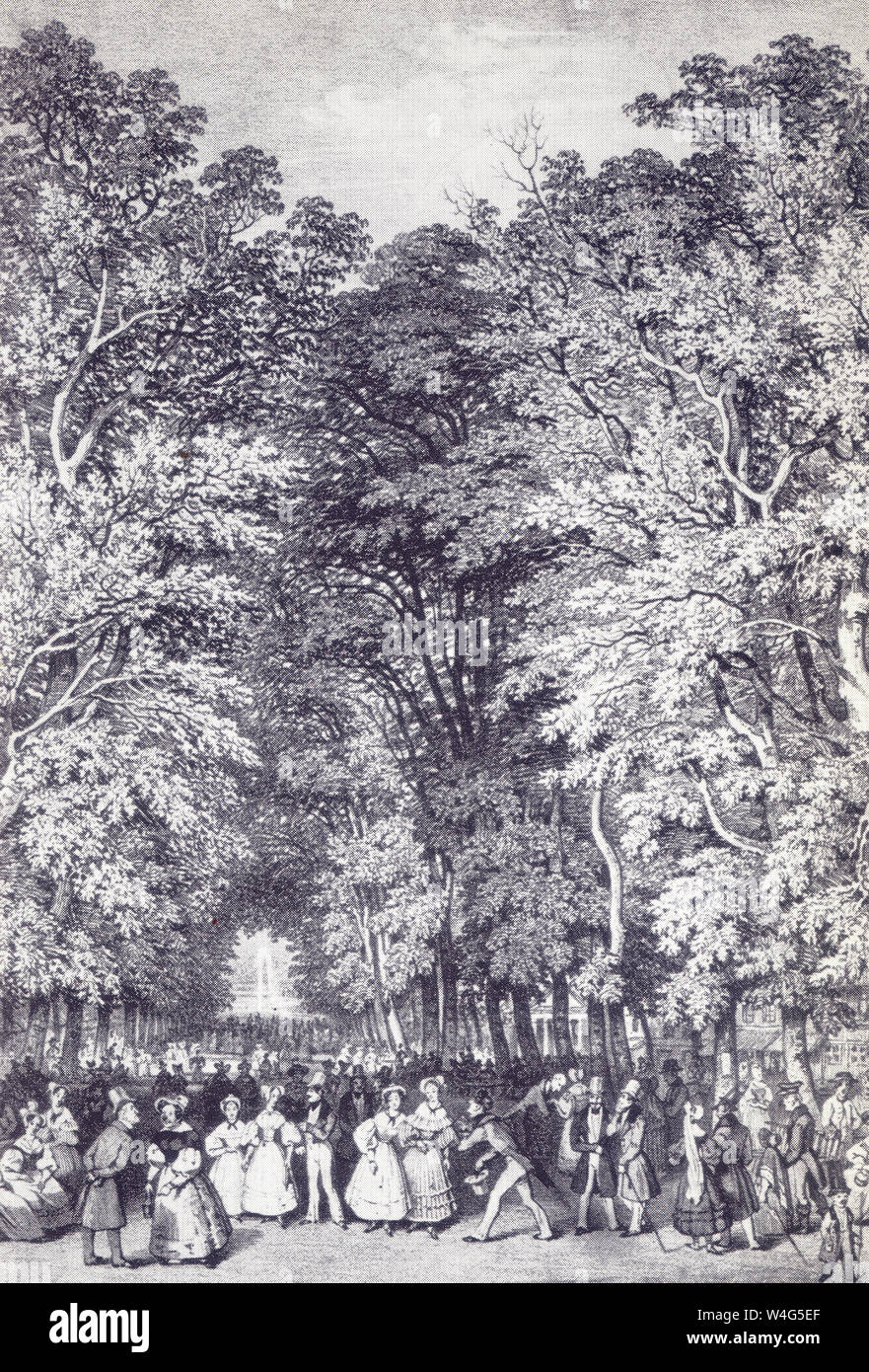 Die grosse Allee in Bad Pyrmont, Deutschland. Lithographie von G. Osterwald 1850 Stockfoto