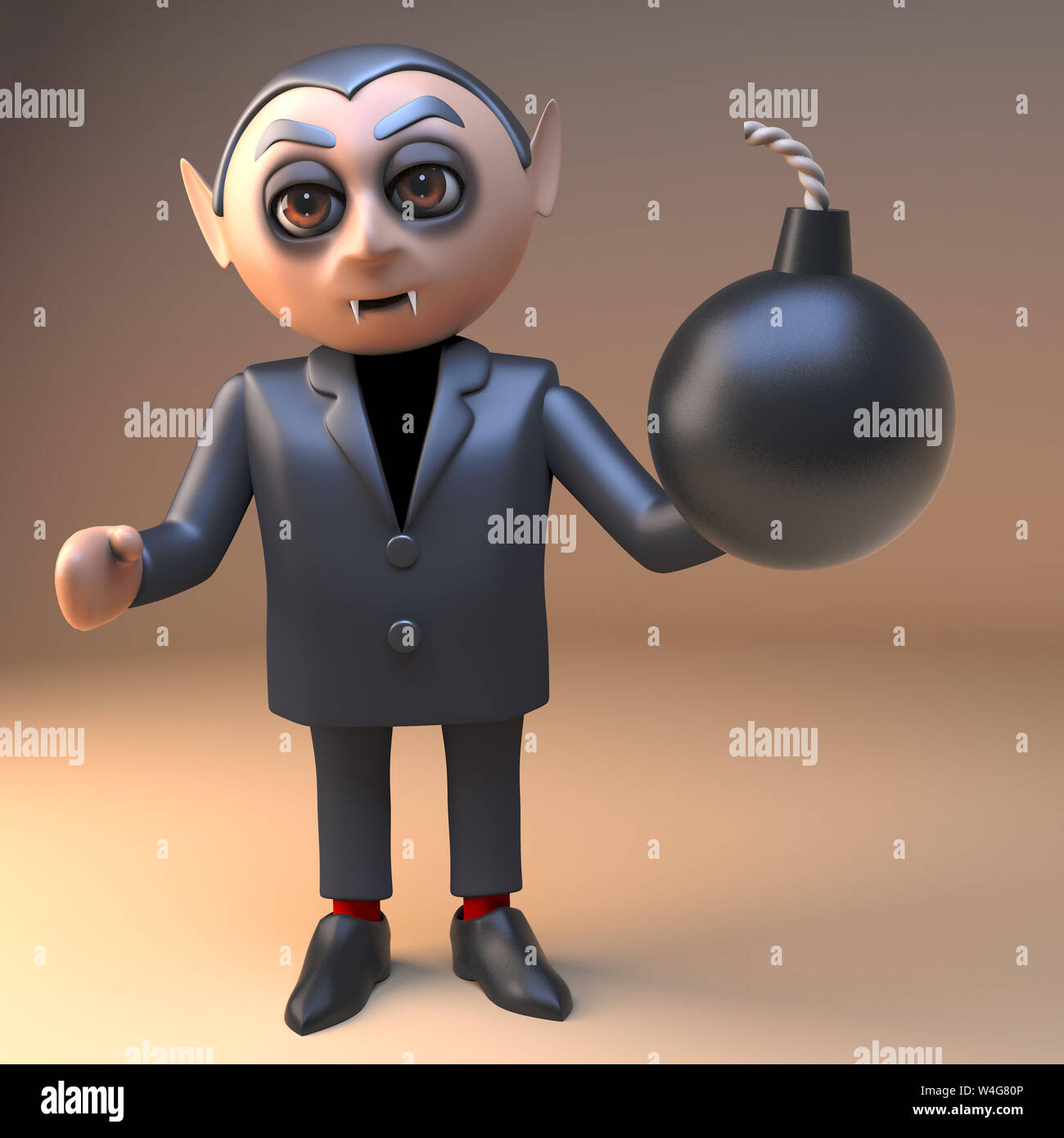 3d cartoon Vampir Dracula Charakter mit Schießpulver Bombe, 3d-Grafik rendern Stockfoto