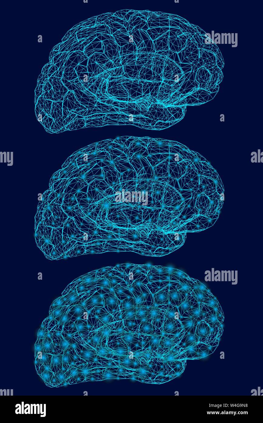 Drahtmodell des menschlichen Gehirns der blauen Linien mit leuchtenden Leds. Erhöhen Gehirn Lumineszenz. Vector Illustration Stock Vektor