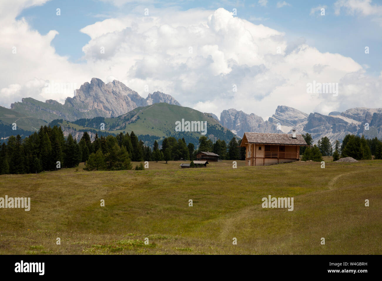 Mähwiesen und Scheune der Seiser Alm mit dem Gran Cir und Sas Ciampac in der Ferne St. Ulrich Gröden Dolomiten Südtirol Italien Stockfoto