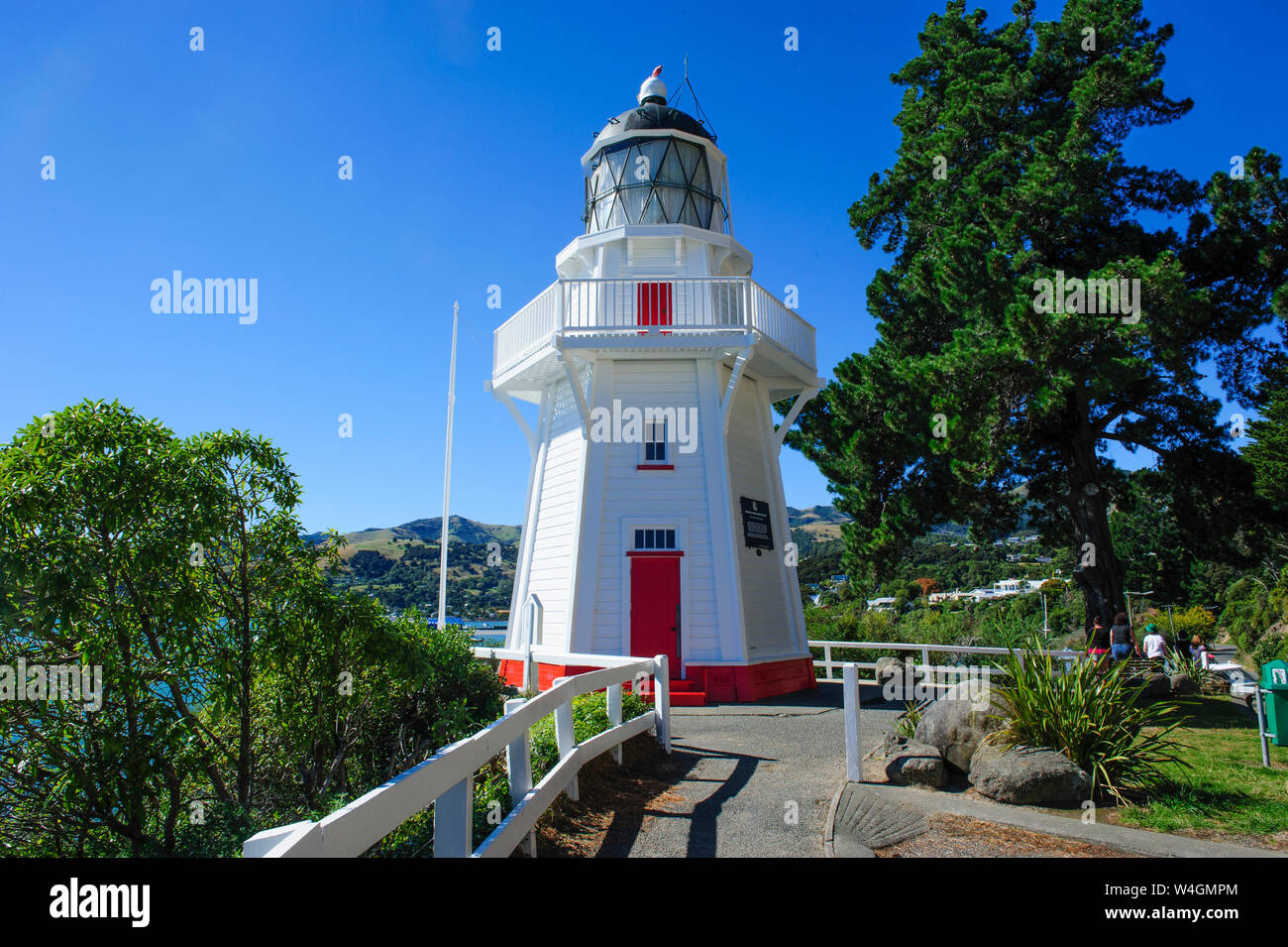 Leuchtturm in Akaroa, Banken Halbinsel, Südinsel, Neuseeland Stockfoto