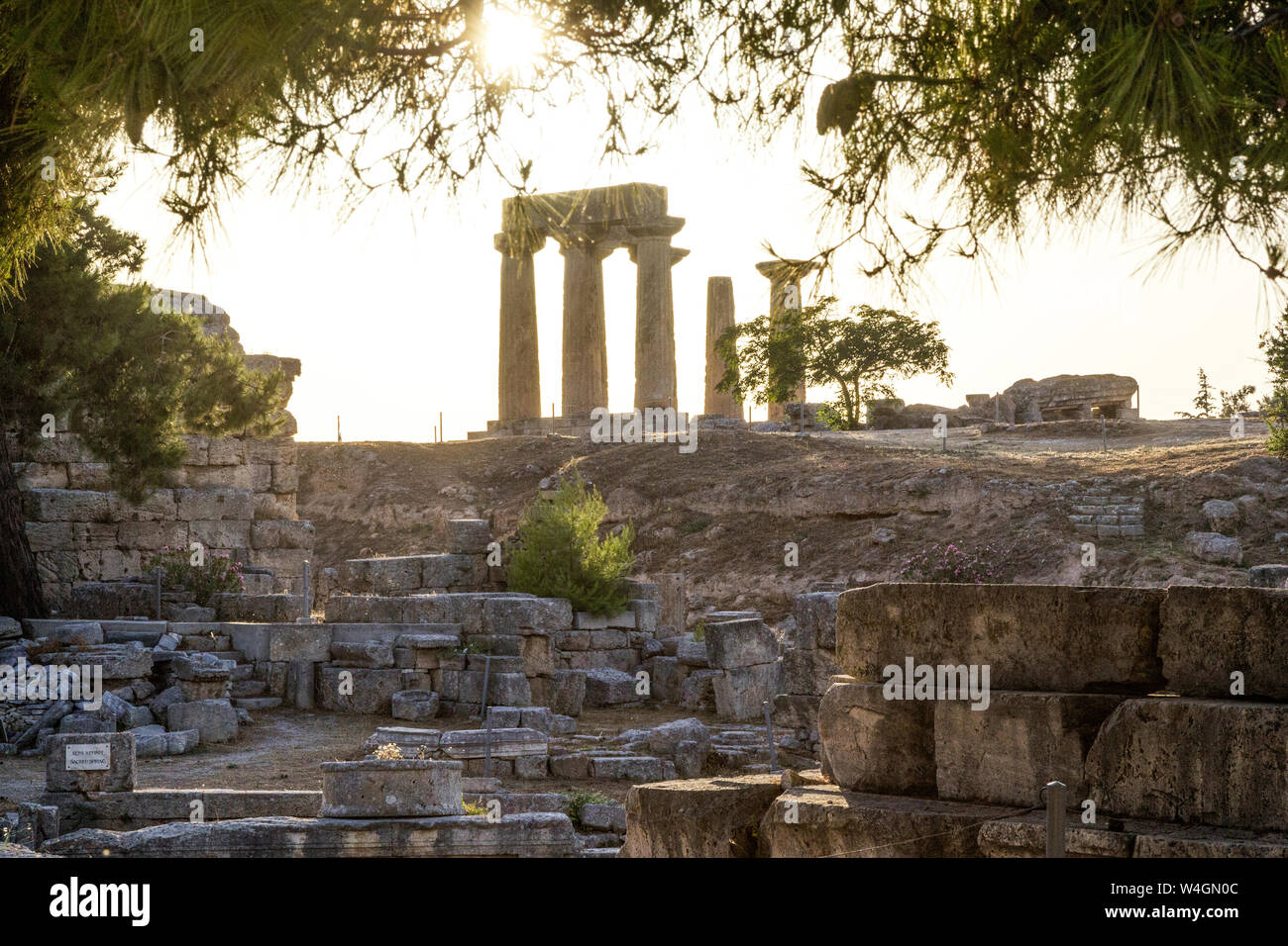 Archaische Tempel des Apollo, der dorischen Säulen, Korinth, Griechenland Stockfoto