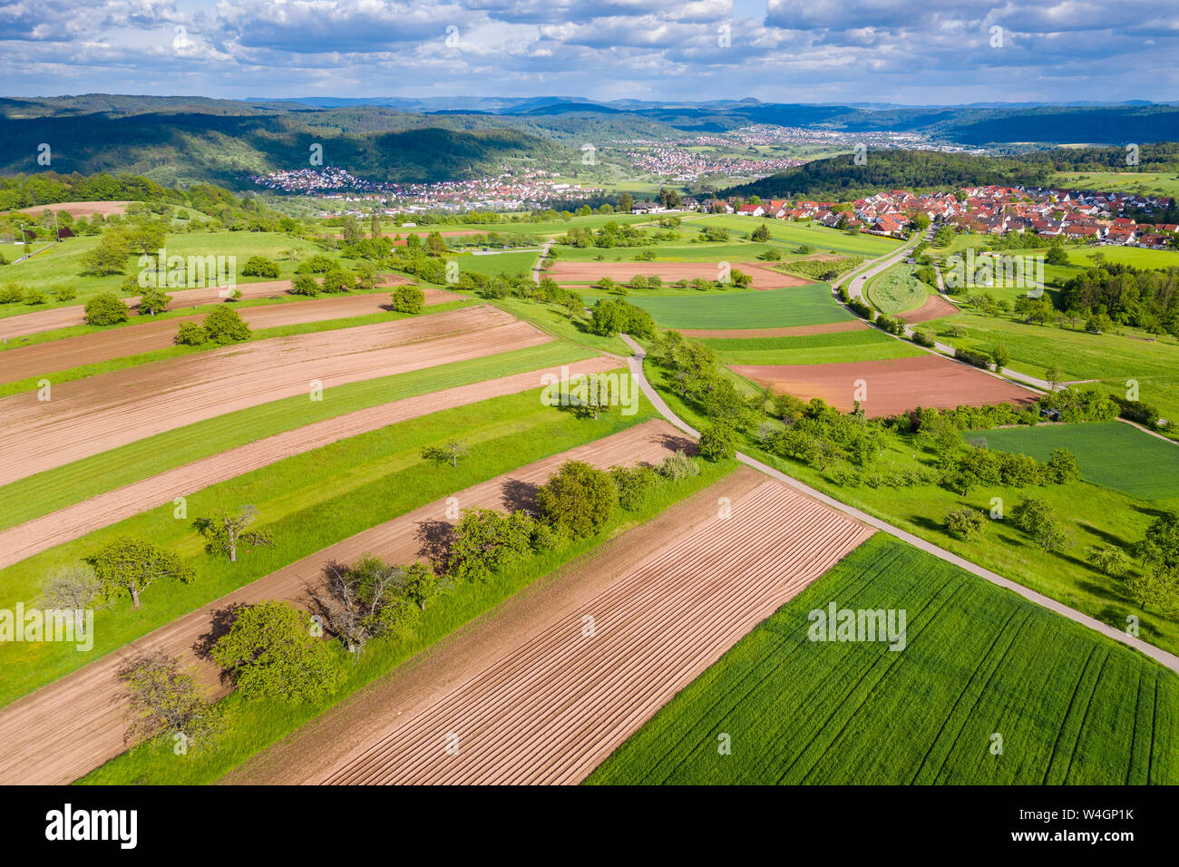 Luftaufnahme von Feldern, Schwäbischer Wald, Rems-Murr-Kreis, Deutschland Stockfoto