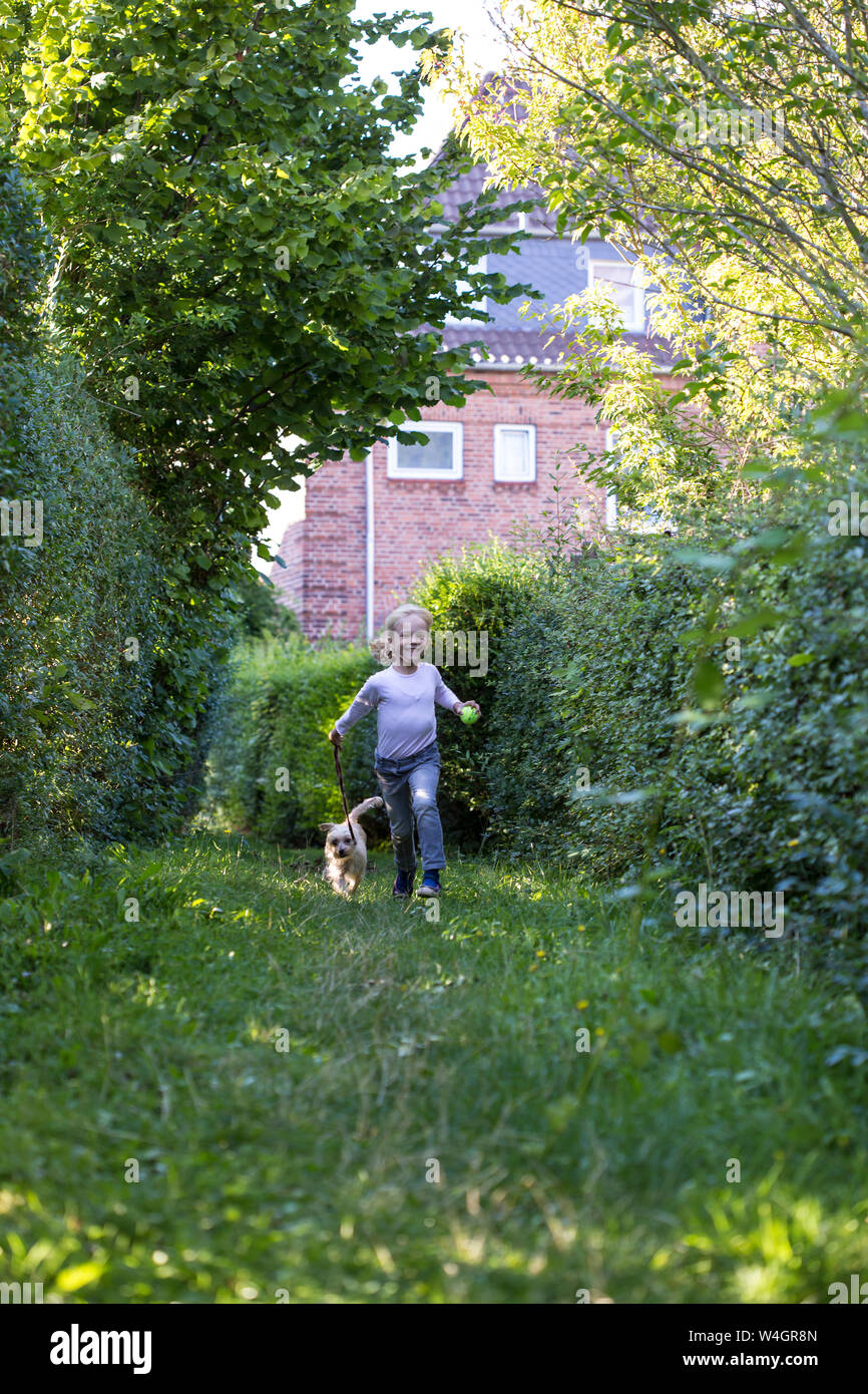 Kleines Mädchen auf einer Wiese mit ihrem Mischling Stockfoto