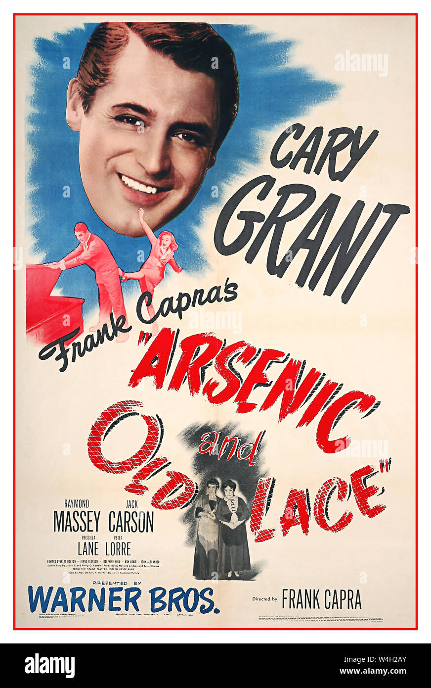 ARSEN UND ALTES LACE USA Poster für die Cary Grant Dark Comedy 'Arsenic and Old Lace' (1944). Regie: Frank Capra Warner Bros Arsenic and Old Lace ist eine US-amerikanische Comedy aus dem Jahr 1944 von Frank Capra mit Cary Grant in der Hauptrolle. Das Drehbuch von Julius J. Epstein und Philip G. Epstein basiert auf Joseph Kesselrings gleichnamigem Stück von 1941. Der Vertrag mit den Produzenten des Stücks sah vor, dass der Film erst nach dem Ende des Broadway-Auftritts veröffentlicht werden sollte. Der Film wurde 1944 veröffentlicht Stockfoto
