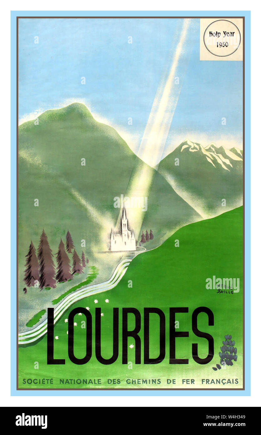 LOURDES Jahrgang 1947 travel Poster für die kleinen französischen religiösen Tourismus Markt Stadt Lourdes in den Ausläufern der Pyrenäen gelegen, einer der wichtigsten Sehenswürdigkeiten der Welt der Wallfahrt und des religiösen Tourismus. Frankreich, 1947, Designer: Herve Baille, Stockfoto