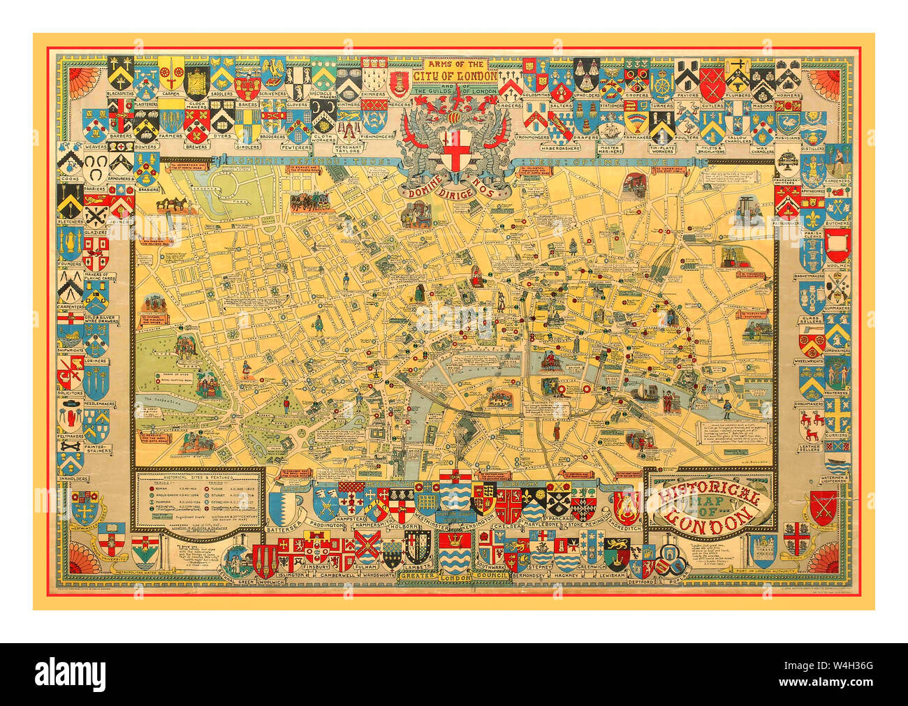 Vintage 60er Karte Poster der Hauptstadt von England - Historische Karte von London - durch bemerkenswerte Kartograph und bildhaften Karte Künstler Leslie George Bullock (1895-1971) mit heraldischen farbenfrohen und detaillierten Illustrationen, einschließlich Sehenswürdigkeiten, Parks, Eisenbahnlinien, historische Gebäude, Menschen und Arbeiterinnen in anderen Zeitraum Kleid. Gedruckt von John Bartholomew und Sohn. Horizontale. County: UK, Jahr: 1969, Designer: LG Farren, Stockfoto