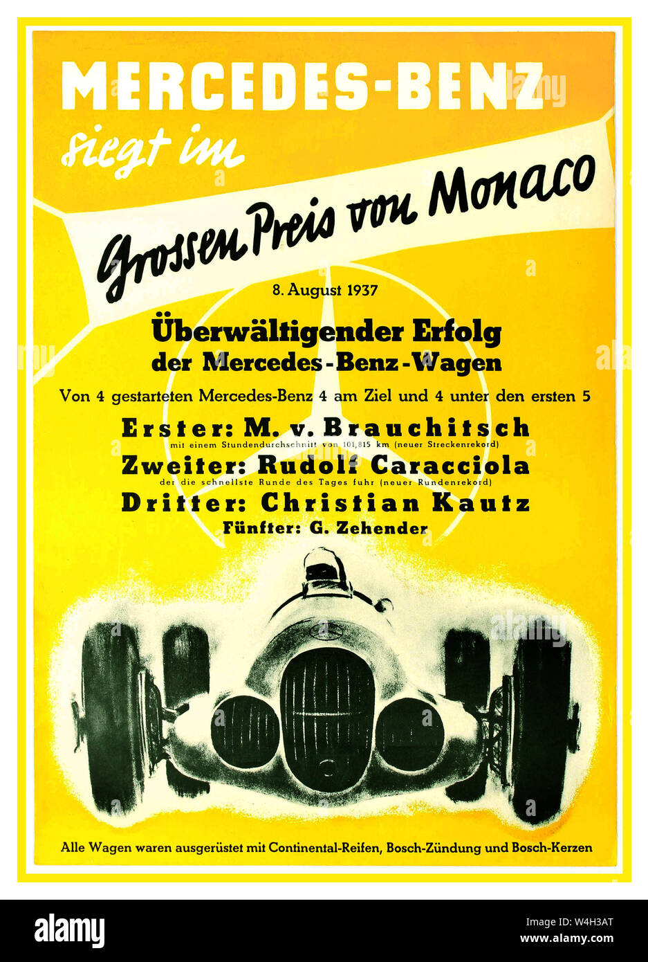 MONACO GRAND PRIX 1937 Vintage-Motorsportplakat für Mercedes-Benz beim Monaco Grand Prix / Grossen Preis von Monaco 8. August 1937. Mit einem Mercedes Benz Rennwagen auf einem leuchtend gelben Hintergrund unter dem Mercedes-Logo. Deutschland, 1950er, Gewinner M V BRAUCHITSCH 2.Rudolf CARACCIOLA 3. Christian KAUTZ Stockfoto