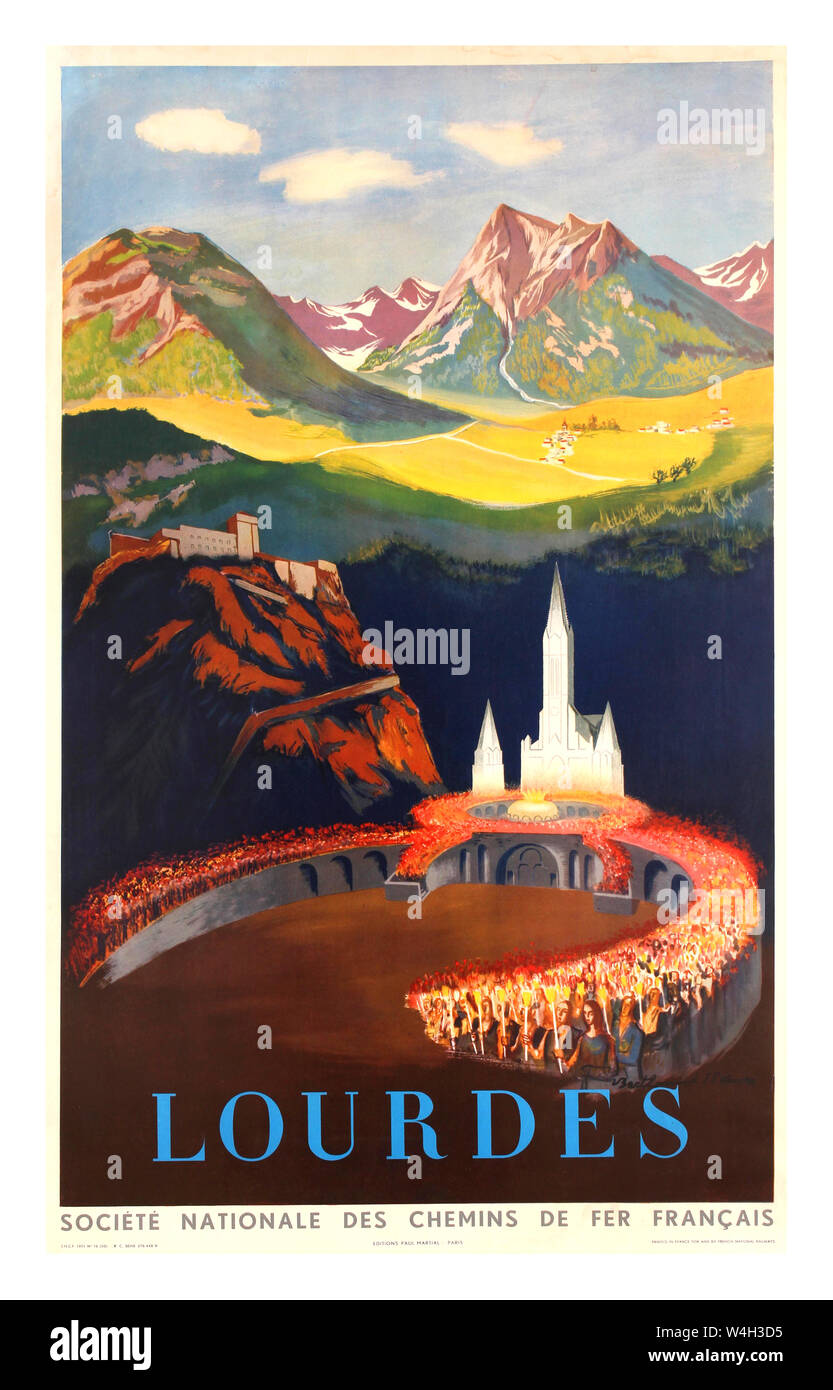 LOURDES Vintage Französisch travel Poster für Lourdes - ein kleiner glühender religiöse Heilung Markt der Stadt in den Ausläufern der Pyrenäen liegt. Frankreich 1951, Designer: J.E. Dordes, Societe Nationale des Chemins de Fer Francais Stockfoto