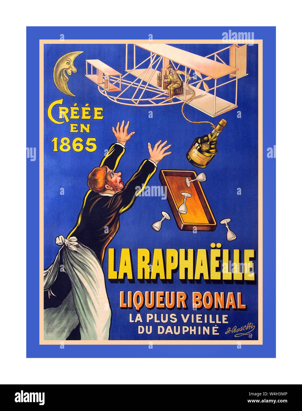 Raphaelle Likör Jahrgang 1900 humorvolle Getränke Alkohol Wein Poster LA RAPHAELLE von Rosetti 1908. Als erstes bekanntes französisches Plakat, das einen Wright-Flyer zeigt, wird die Erfindung der berühmten Brüder hervorragend eingesetzt, indem sie eine Flasche Raphaelle-Likör von einem umherziehenden Kellner pilferiert. Likör schuf 1865 Frankreich Stockfoto
