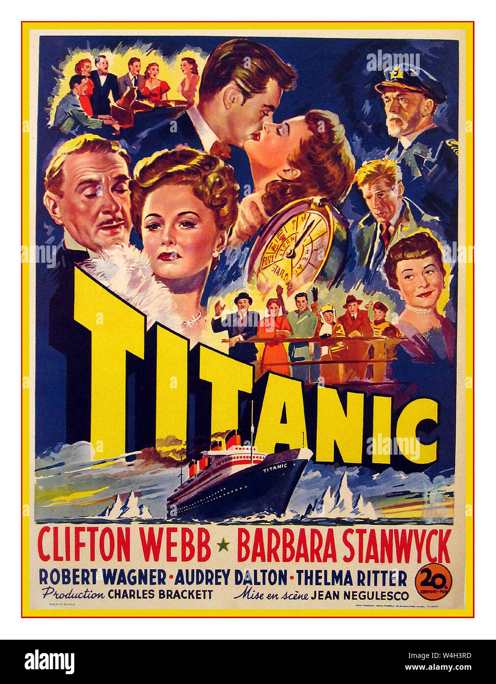 Jahrgang 1950er Film Plakat für Titanic 1953 American Film unter der Regie von Jean Negulesco. Die Handlung dreht sich um eine entfremdete Paar segeln auf der Jungfernfahrt der RMS Titanic, die im April 1912 stattfand. Mit Clifton Webb, Barbara Stanwyck Robert Wagner Audrey Dalton Thelma Ritter produziert von Charles Brackett Stockfoto