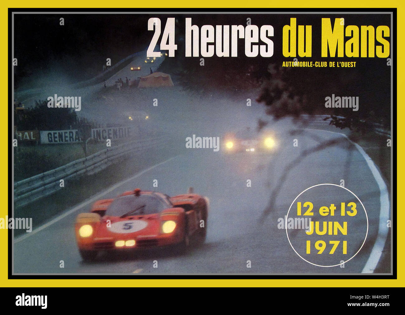 Vintage Poster 24 heures du Mans Juin 1971 24 Stunden Rennen von Le Mans 12./13. Juni 1971 nur 12 Autos im Ziel eingestuft wurden. Gewinner, an einer Aufzeichnung der Geschwindigkeit, Gijs van Lennep und Helmut Marko in Ihrem Team Martini Porsche 917. Stockfoto