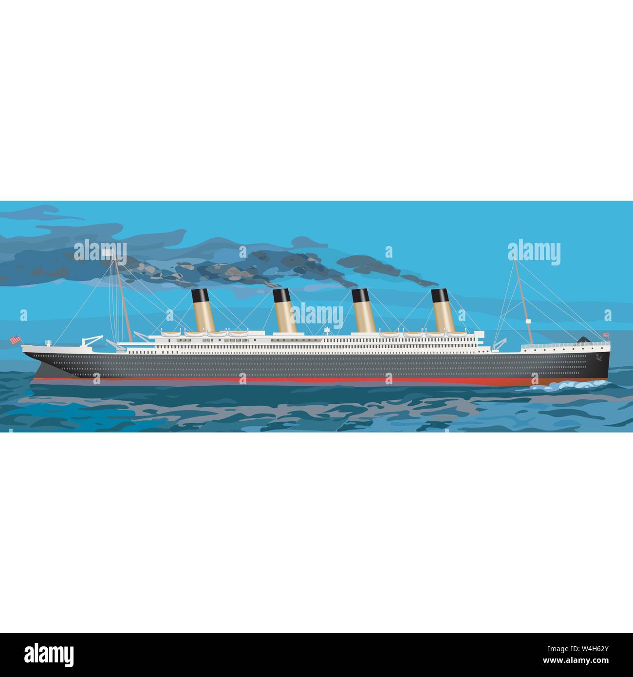 Titanic, vintage Dampf schiff Abbildung mit schwarzen Rauch aus Gießen ist es stapeln, wie sie über das Meer tuckert. Stock Vektor