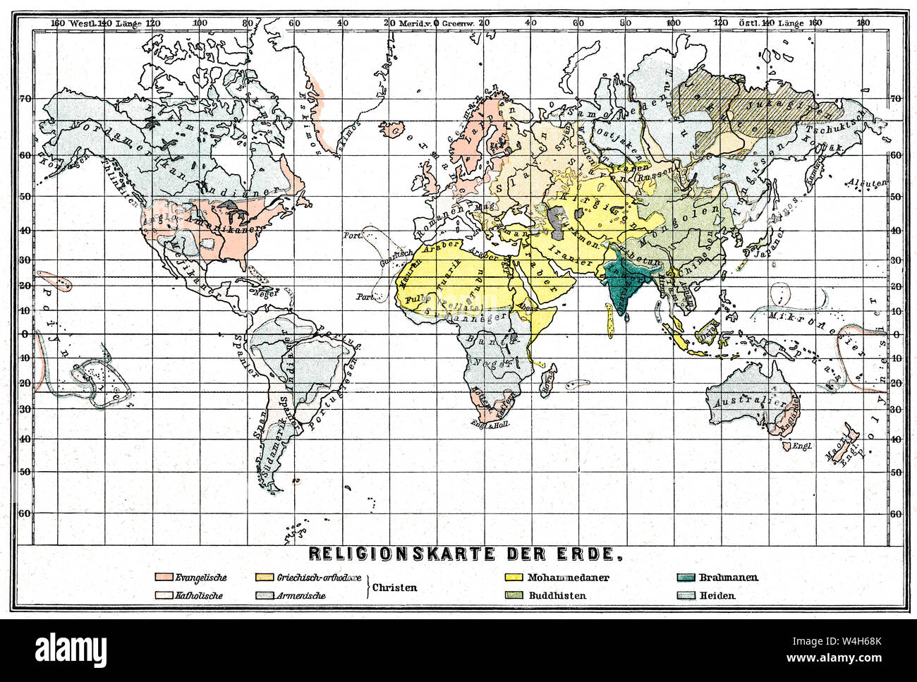 Religionen Karte der Welt, 19. Jahrhundert Stockfoto
