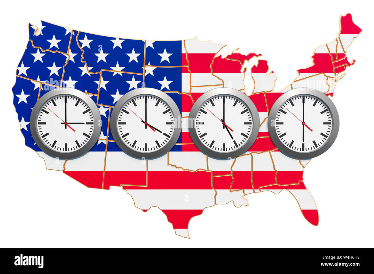 Zeitzonen in den Vereinigten Staaten. 3D-Rendering auf weißem Hintergrund Stockfoto