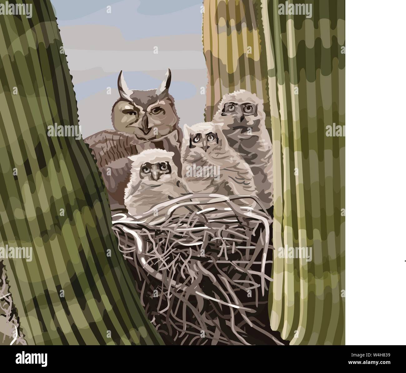 Owl-Familie, Mutter & 3 Küken im Nest von Stöcken in einer ccactus Anlage auf 3 Seiten von Cactus Gliedmaßen umgeben Stock Vektor
