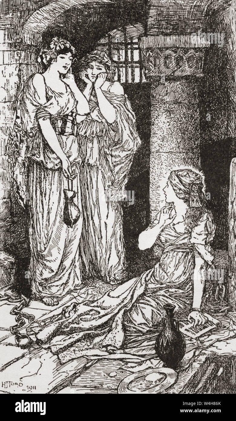 Dorothea in ihrer Gefängniszelle ist durch zwei Abtrünnige, die Christus verleugnet hatte und bot ihr Geld ihn zu leugnen versucht. Saint Dorothy, alias Dorothea von Cäsarea, starb C. 311. 4. Jahrhundert, Jungfrau und Märtyrerin, die in Cäsarea Mazaca ausgeführt wurde. Aus dem Buch von Heiligen und Helden, veröffentlicht 1912 Stockfoto