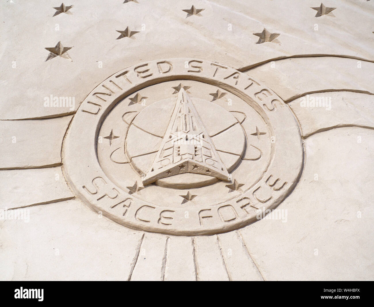 United States Space Force logo sculpted in Sand 2019 Texas Sandfest in Port Aransas, Texas USA. Stockfoto
