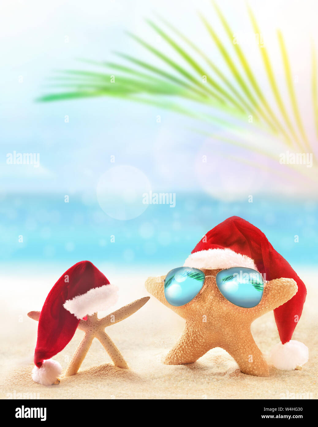 Seesterne in Santa Hut auf dem Sommer Strand. Weihnachten Konzept. Stockfoto