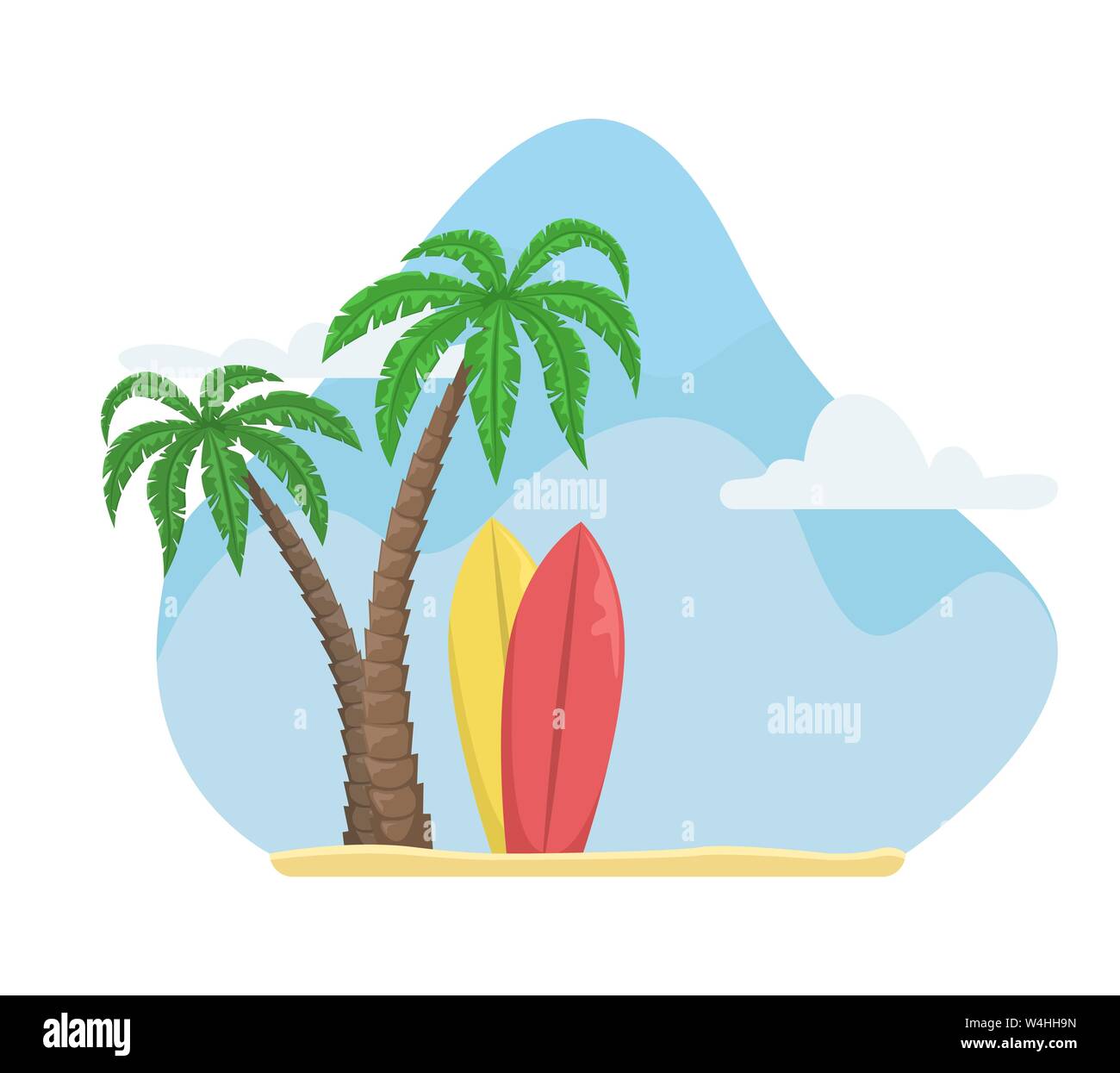 Sommer Vector Illustration mit Palmen und Surfboards. Urlaub am Strand. Flache Cartoon Illustration. Stock Vektor