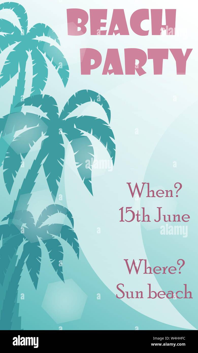 Vektor Sommer Poster mit Palm Tree Silhouetten und Farbverlauf Hintergrund. Sonnenuntergang am Strand. Beach Party. Urlaub am Meer. Stock Vektor