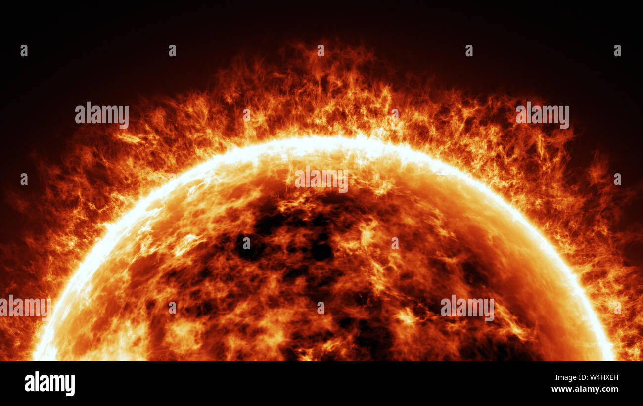Sun Oberfläche mit solar flares. Abstrakten wissenschaftlichen Hintergrund. 3D-Darstellung. Stockfoto