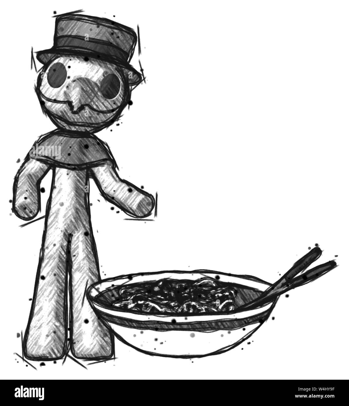 Skizze Arzt Mann und Noodle bowl Pest, riesige Suppe Restaurant Konzept. Stockfoto